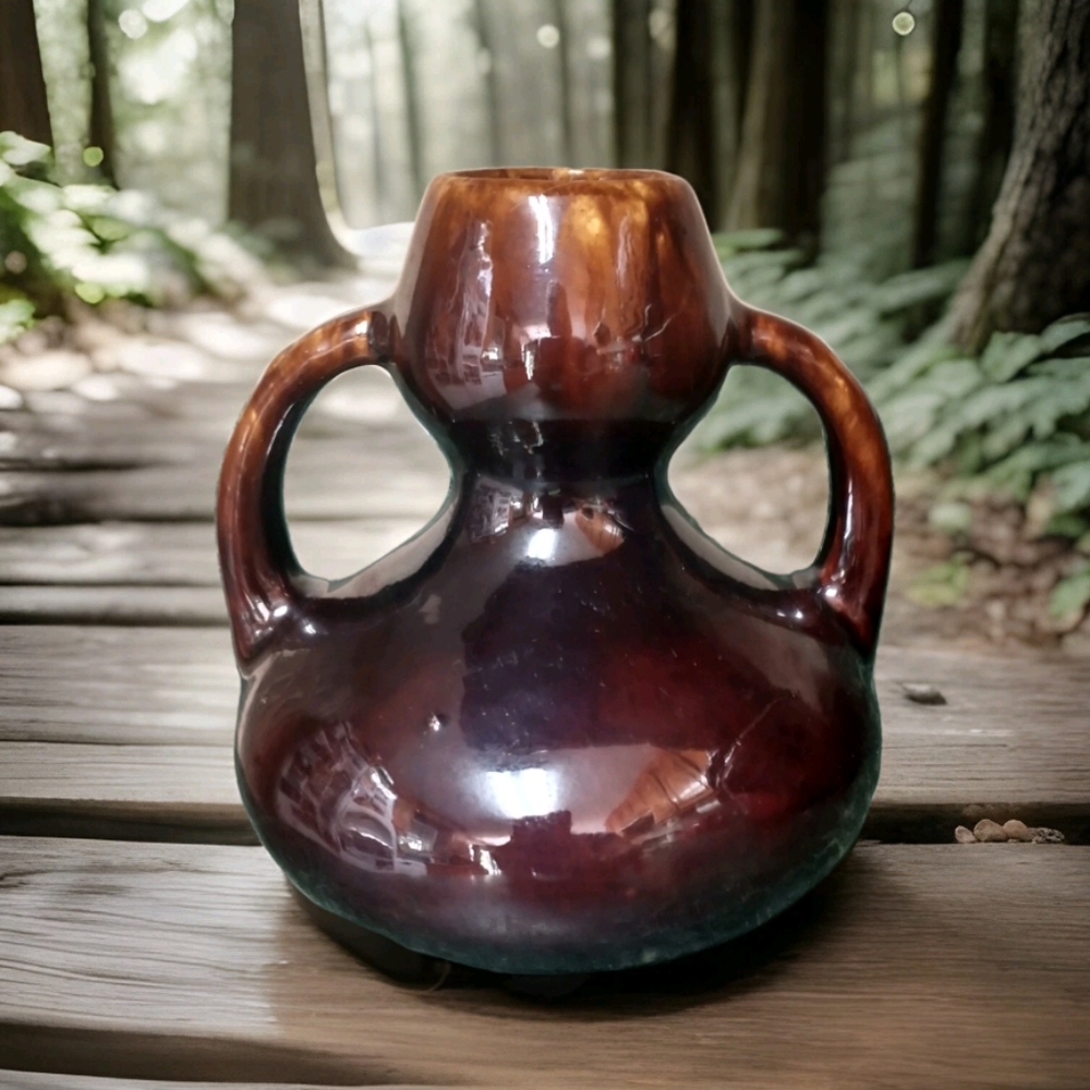 Vintage Owens Pottery Double Handle Vase Glossy Brown Drip Glaze